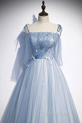 Sweet Sky Blue Thin Shoulder Strap Sleeveless Applique Lace Bead Dresses Dresses With Sky Blue A-Line Glittering Thin Gauze Open Back Strap Long Ruffle Edge Evening Dresses