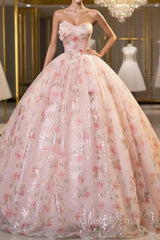 Sweet Strapless Tulle Flower Pink Print Evening Prom Dresses