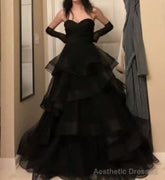 Sweetheart Black Rufflue Long Prom Evening Dress