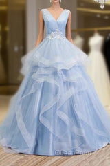 Sweetheart Blue Organza Ballgown V Neck Ruffles Appliques Evening Prom Dresses Beautiful
