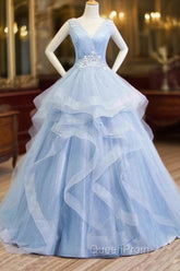 Sweetheart Blue Organza Ballgown V Neck Ruffles Appliques Evening Prom Dresses
