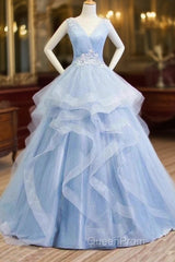 Sweetheart Blue Organza Ballgown V Neck Ruffles Appliques Evening Prom Dresses