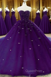 Sweetheart Crystals Evening Prom Dresses Ball Gown Beaded Purple Quinceanera Dresses
