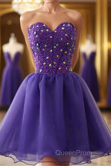 Sweetheart Neck Beaded Dark Purple Short Evening Prom Dresses, Strapless Dark Purple Homecoming Dresses, Dark Purple Beaded Formal Evening Dresses