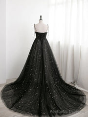 Sweetheart Neck Black Long Prom Dresses, Black Long Formal Evening Dresses