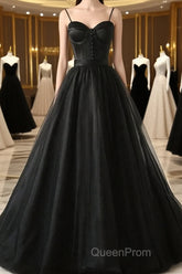 Sweetheart Neck Black Tulle Long Evening Prom Dresses, Thin Straps Black Formal Evening Dresses, Black Ball Gown