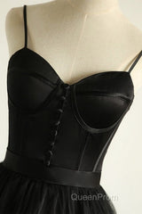 Sweetheart Neck Black Tulle Long Evening Prom Dresses, Thin Straps Black Formal Evening Dresses, Black Ball Gown