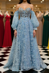 Sweetheart Neck Blue Lace Appliques Long Evening Prom Dresses with Long Sleeves, Blue Lace Floral Formal Graduation Evening Dresses