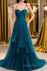 Sweetheart Neck Blue Long Evening Prom Dresses, Long Blue Formal Graduation Evening Dresses