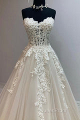 Sweetheart Neck Champagne Tulle Lace Long Evening Prom Dresses, Strapless Champagne Formal Dresses, Champagne Lace Evening Dresses