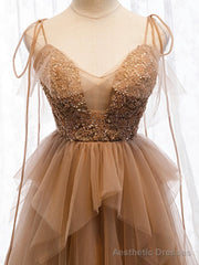 Sweetheart Neck Floor Length Champagne Lace Prom Dresses, Champagne Lace Formal Dresses