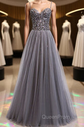 Sweetheart Neck Grey Sequins Tulle Long Evening Prom Dresses, Grey Sequins Formal Evening Dresses