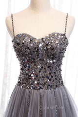 Sweetheart Neck Grey Sequins Tulle Long Evening Prom Dresses, Grey Sequins Formal Evening Dresses