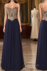Sweetheart Neck Lace Dark Blue Long Evening Prom Dresses, Evening Dresses