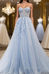 Sweetheart Neck Light Blue Lace Tulle Long Evening Prom Dresses, Light Blue Lace Formal Graduation Evening Dresses