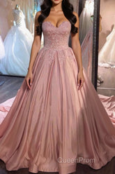 Sweetheart Neck Pink Lace Evening Prom Dresses, Pink Lace Long Formal Evening Dresses