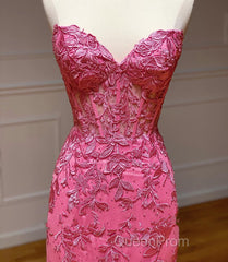 Sweetheart Neck Pink Mermaid Lace Evening Prom Dresses, Pink Mermaid Lace Formal Graduation Dresses