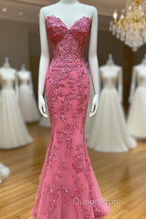 Sweetheart Neck Pink Mermaid Lace Evening Prom Dresses, Pink Mermaid Lace Formal Graduation Dresses