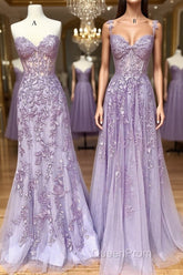 Sweetheart Neck Purple Lace Long Evening Prom Dresses, Strapless Purple Formal Dresses, Mermaid Purple Evening Dresses