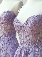Sweetheart Neck Purple Lace Long Evening Prom Dresses, Strapless Purple Formal Dresses, Mermaid Purple Evening Dresses
