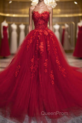 Sweetheart Neck Red Lace Floral Long Evening Prom Dresses, Red Lace Formal Evening Dresses, Red Ball Gown