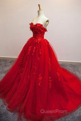 Sweetheart Neck Red Lace Floral Long Evening Prom Dresses, Red Lace Formal Evening Dresses, Red Ball Gown