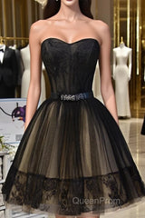 Sweetheart Neck Short Black Lace Evening Prom Dresses, Short Black Lace Graduation Homecoming Dresses