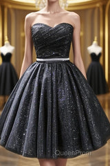 Sweetheart Neck Strapless Black Short Evening Prom Dresses, Open Back Black Homecoming Dresses, Black Formal Evening Dresses