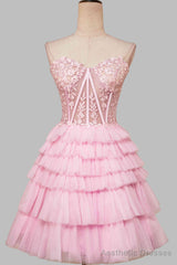 Sweetheart Pink Lace Corset Tiered Short Homecoming Dress