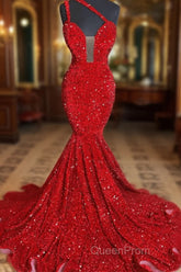 Sweetheart Sleeveless Sequins Red Mermaid Evening Prom Dresses