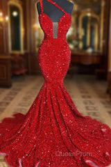 Sweetheart Sleeveless Sequins Red Mermaid Evening Prom Dresses