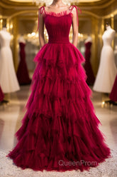 A-Line Long Spaghetti Strap Evening Prom Dresses, Cute Layers Tulle Evening Dresses