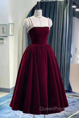 Tea Length Velvet Evening Prom Dresses, Velvet Tea Length Formal Homecoming Dresses