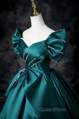 Teal A-Line Off The Shoulder Satin Long Evening Prom Dresses, Elegant Evening Dresses