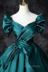 Teal A-Line Off The Shoulder Satin Long Evening Prom Dresses, Elegant Evening Dresses