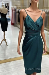 Teal Satin V Neck Sheath Midi Dresses