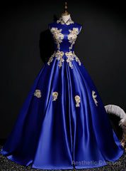The Best Discount Blue Ball Gown Satin High Neck Appliques Backless Quinceanera Dress