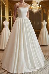 Thin Straps Open Back Ivory Satin Long Evening Prom Dresses with Pearls, Long Ivory Formal Graduation Evening Dresses