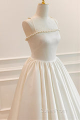 Thin Straps Open Back Ivory Satin Long Evening Prom Dresses with Pearls, Long Ivory Formal Graduation Evening Dresses