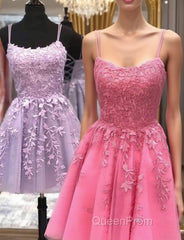 Thin Straps Short Purple Pink Lace Evening Prom Dresses, Short Purple Pink Lace Graduation Homecoming Dresses