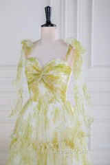 Tie Straps Yellow Floral Print Ruffles Tulle Long Evening Prom Dresses