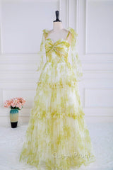 Tie Straps Yellow Floral Print Ruffles Tulle Long Evening Prom Dresses