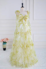 Tie Straps Yellow Floral Print Ruffles Tulle Long Evening Prom Dresses