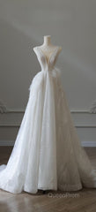 Timeless A Line V Neckline Sequin Sleeveless White Wedding Dresses Brides Dresses