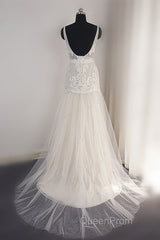 Trendy Ivory Sleeveless Lace Tulle High split A line Wedding Dresses