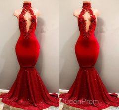 Trendy Mermaid Red Lace High Neck Evening Prom Party Gowns| Red Evening Prom Party Gowns
