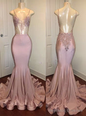 Trendy Pink Beads Spaghetti Strap Prom Party Gowns| Mermaid Prom Party Gowns