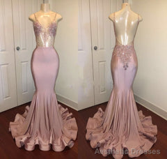 Trendy Pink Beads Spaghetti Strap Prom Party Gowns| Mermaid Prom Party Gowns