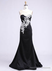 Trendy Scoop Floor Length See Through Back Appliques Party Polyester Formal Black