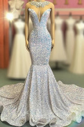 Trumpet Mermaid Beading Sequin White Evening Prom Dresses
